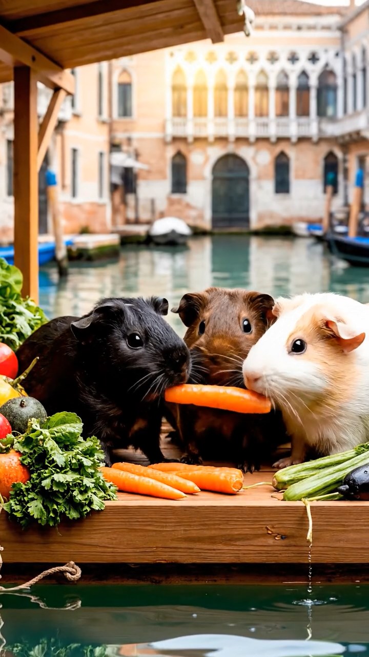 1287. Photorealistic image of 3 smooth-haired Rex guinea pigs featuring black, brown, and cream coats, sharing carrot sticks, on a floating Venice produce market stall.