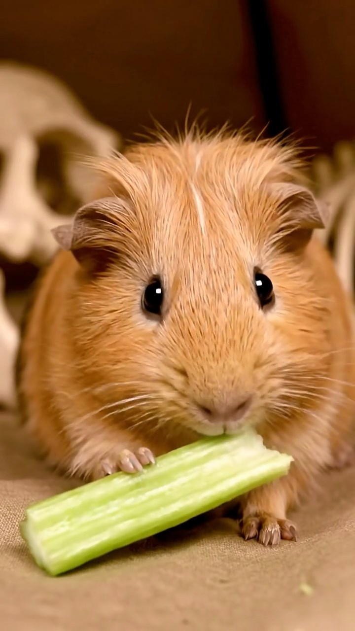 1288. Realistic depiction of 1 smooth-haired Coronet guinea pig with fawn fur, munching on celery ribs, at a paleontology dig tent with dinosaur skeletons.