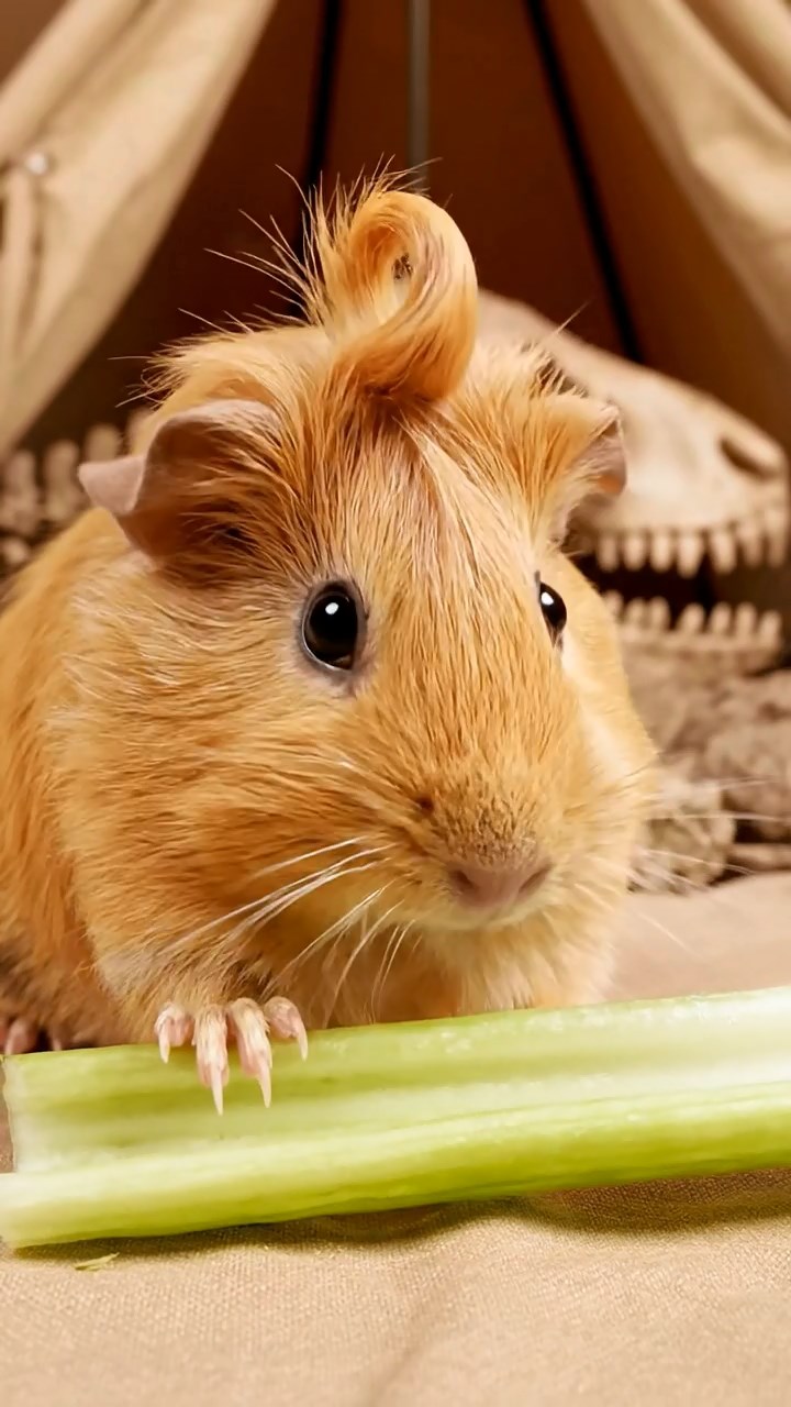1288. Realistic depiction of 1 smooth-haired Coronet guinea pig with fawn fur, munching on celery ribs, at a paleontology dig tent with dinosaur skeletons.
