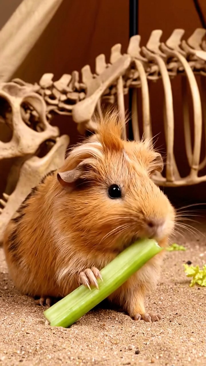 1288. Realistic depiction of 1 smooth-haired Coronet guinea pig with fawn fur, munching on celery ribs, at a paleontology dig tent with dinosaur skeletons.