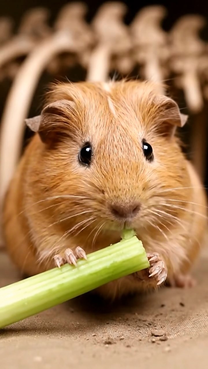 1288. Realistic depiction of 1 smooth-haired Coronet guinea pig with fawn fur, munching on celery ribs, at a paleontology dig tent with dinosaur skeletons.