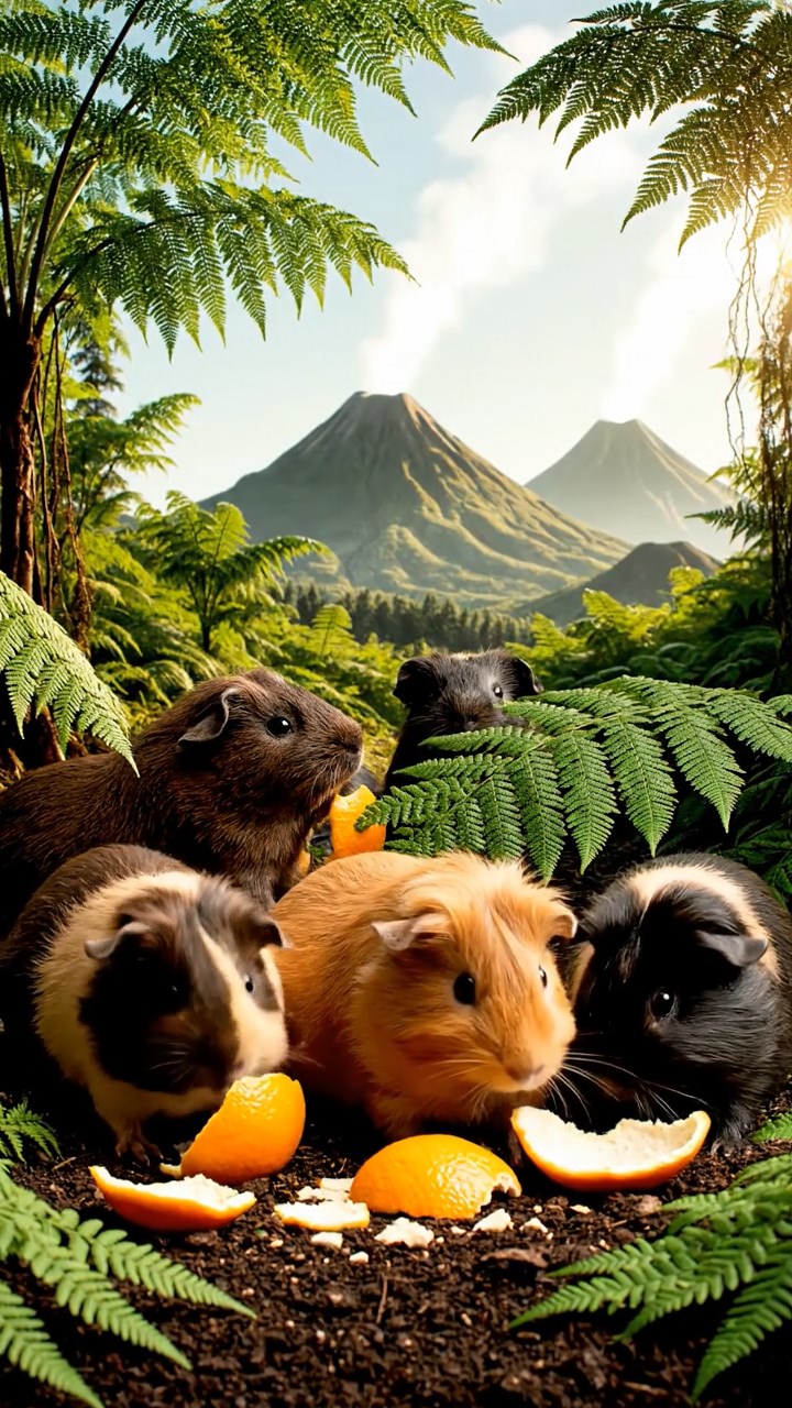 1289. Detailed scene of 5 smooth-haired White Crested guinea pigs with chocolate, cinnamon, and sable fur, eating orange peels, in a prehistoric fern-filled valley with volcanoes.
