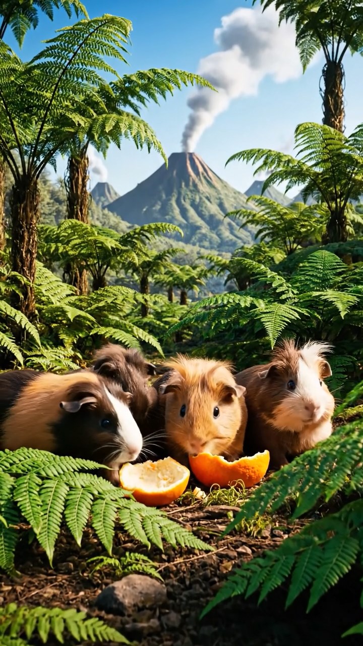 1289. Detailed scene of 5 smooth-haired White Crested guinea pigs with chocolate, cinnamon, and sable fur, eating orange peels, in a prehistoric fern-filled valley with volcanoes.