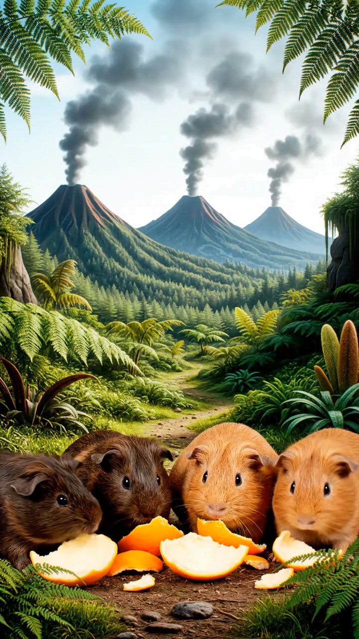 1289. Detailed scene of 5 smooth-haired White Crested guinea pigs with chocolate, cinnamon, and sable fur, eating orange peels, in a prehistoric fern-filled valley with volcanoes.