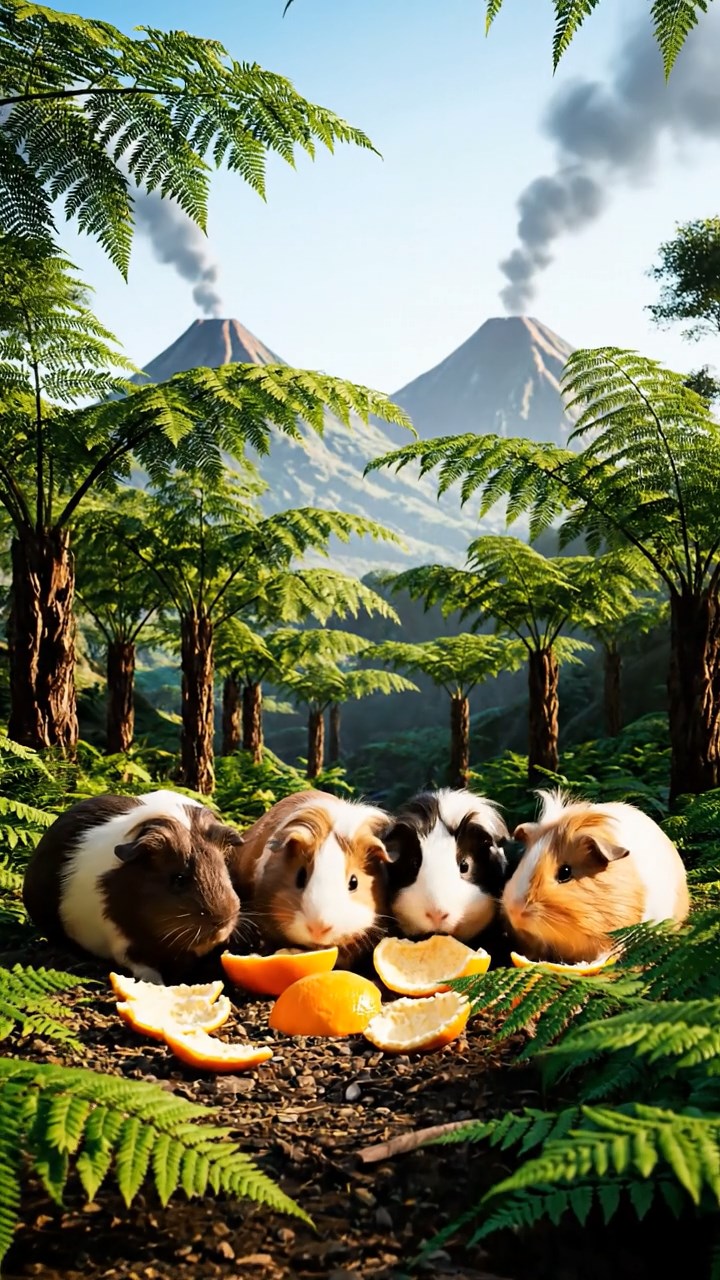 1289. Detailed scene of 5 smooth-haired White Crested guinea pigs with chocolate, cinnamon, and sable fur, eating orange peels, in a prehistoric fern-filled valley with volcanoes.