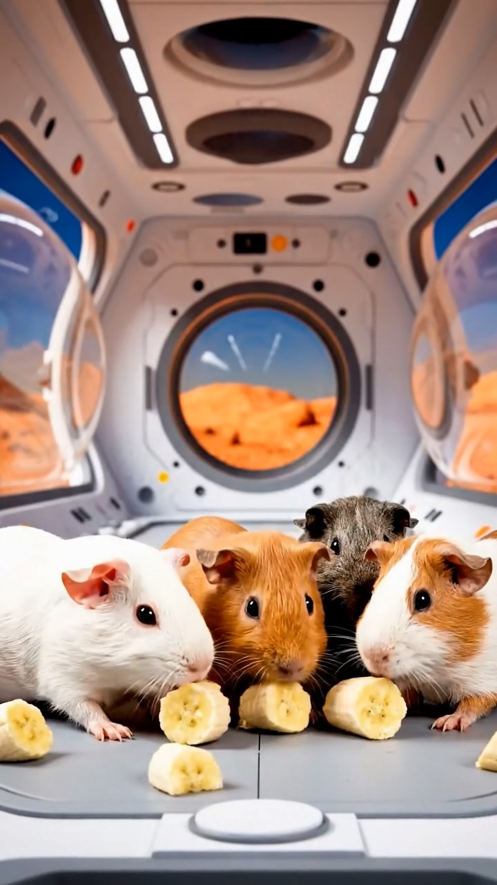 1290. Photorealistic photo of 4 smooth-haired Skinny guinea pigs in white, orange, and gray colors, nibbling on banana chunks, on a simulated Mars habitat module with domes.