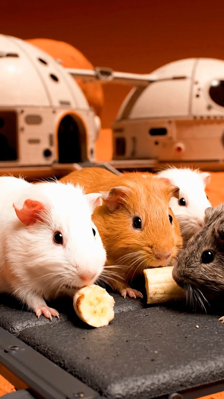1290. Photorealistic photo of 4 smooth-haired Skinny guinea pigs in white, orange, and gray colors, nibbling on banana chunks, on a simulated Mars habitat module with domes.