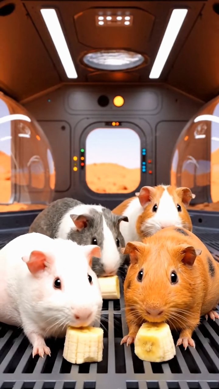 1290. Photorealistic photo of 4 smooth-haired Skinny guinea pigs in white, orange, and gray colors, nibbling on banana chunks, on a simulated Mars habitat module with domes.