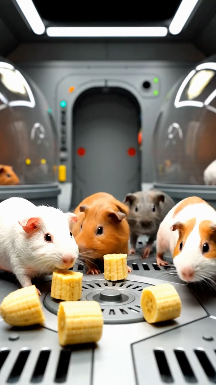 1290. Photorealistic photo of 4 smooth-haired Skinny guinea pigs in white, orange, and gray colors, nibbling on banana chunks, on a simulated Mars habitat module with domes.