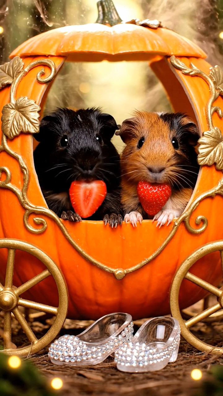 1291. Realistic image of 2 smooth-haired American guinea pigs with black and brown fur, chewing on strawberry slices, inside a enchanted Cinderella pumpkin coach with glass slippers.