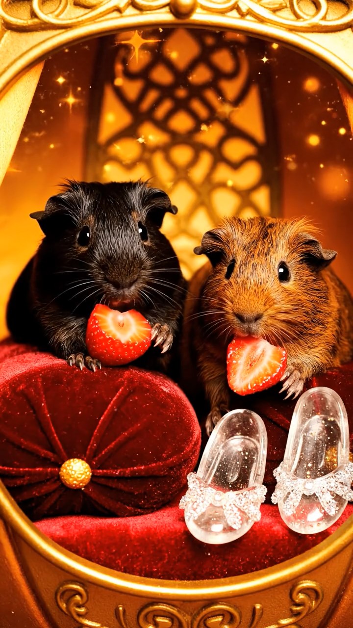 1291. Realistic image of 2 smooth-haired American guinea pigs with black and brown fur, chewing on strawberry slices, inside a enchanted Cinderella pumpkin coach with glass slippers.