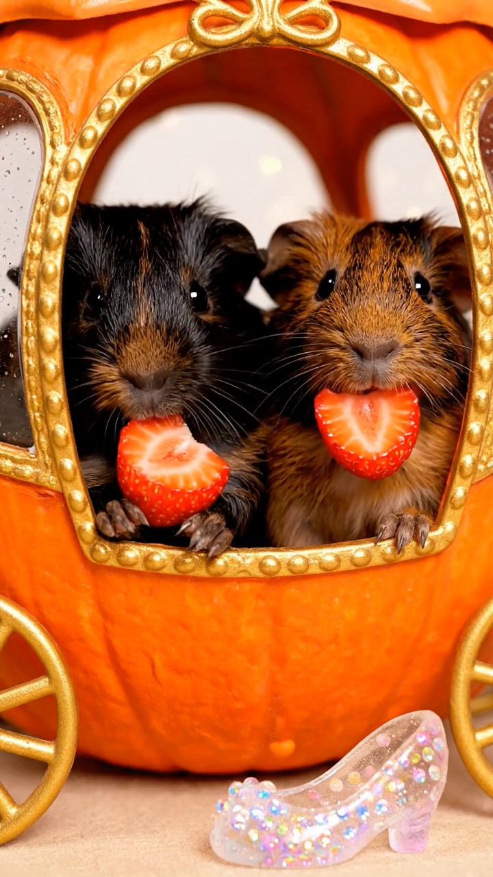 1291. Realistic image of 2 smooth-haired American guinea pigs with black and brown fur, chewing on strawberry slices, inside a enchanted Cinderella pumpkin coach with glass slippers.