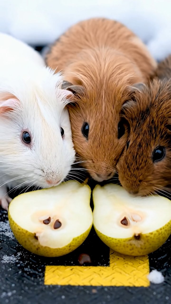 1292. Highly detailed view of 3 smooth-haired Abyssinian guinea pigs featuring cream, fawn, and chocolate coats, sharing pear halves, on a Antarctic helicopter landing pad.