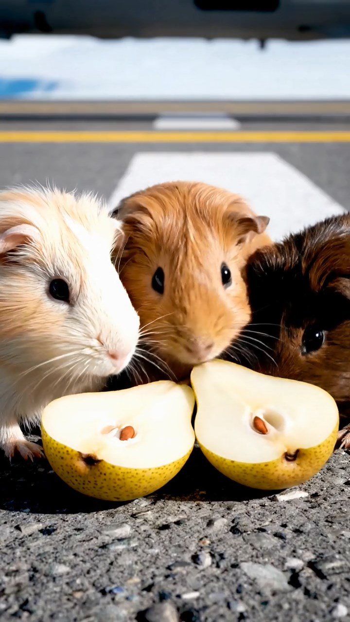 1292. Highly detailed view of 3 smooth-haired Abyssinian guinea pigs featuring cream, fawn, and chocolate coats, sharing pear halves, on a Antarctic helicopter landing pad.
