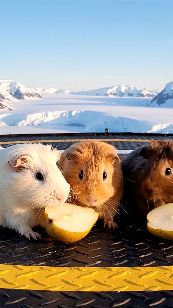 1292. Highly detailed view of 3 smooth-haired Abyssinian guinea pigs featuring cream, fawn, and chocolate coats, sharing pear halves, on a Antarctic helicopter landing pad.