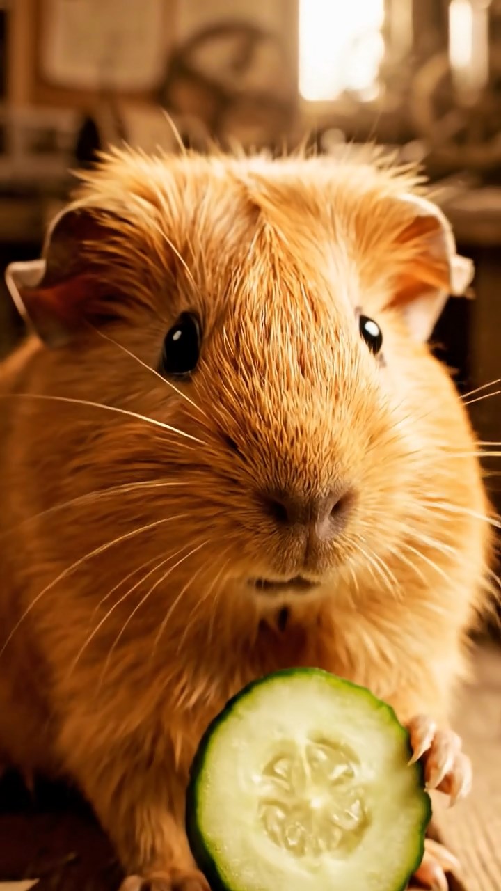 1293. Photorealistic scene of 1 smooth-haired Peruvian guinea pig with cinnamon fur, munching on cucumber rounds, in a Victorian inventor's cluttered attic with contraptions.
