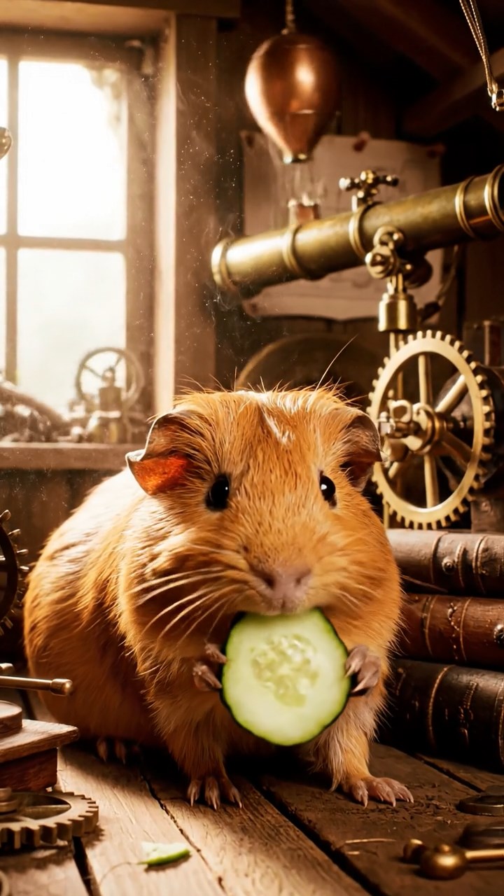 1293. Photorealistic scene of 1 smooth-haired Peruvian guinea pig with cinnamon fur, munching on cucumber rounds, in a Victorian inventor's cluttered attic with contraptions.
