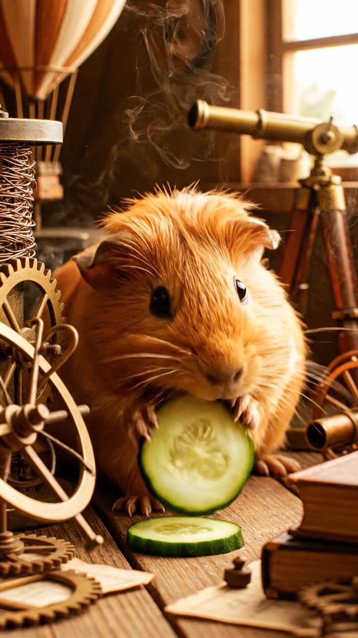 1293. Photorealistic scene of 1 smooth-haired Peruvian guinea pig with cinnamon fur, munching on cucumber rounds, in a Victorian inventor's cluttered attic with contraptions.