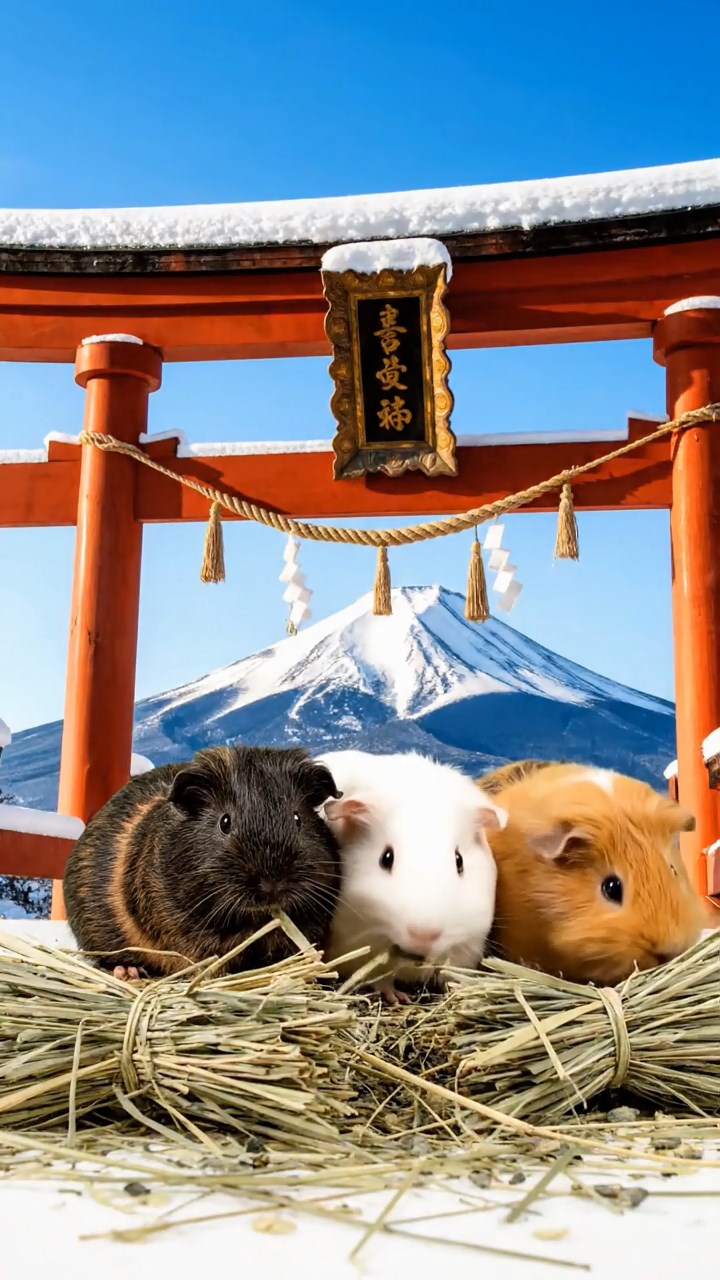 1294. Realistic depiction of 4 smooth-haired Silkie guinea pigs with sable, white, and orange fur, eating timothy hay, atop a sacred Mount Fuji torii gate with snow.