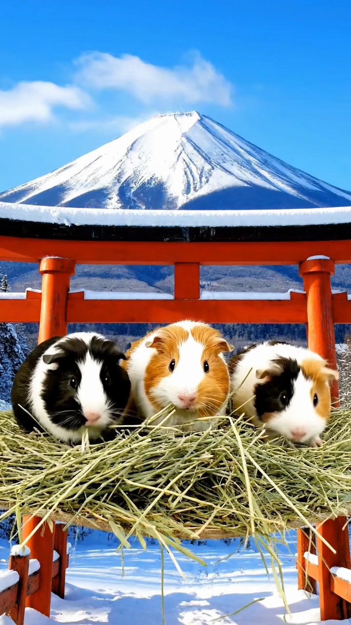 1294. Realistic depiction of 4 smooth-haired Silkie guinea pigs with sable, white, and orange fur, eating timothy hay, atop a sacred Mount Fuji torii gate with snow.