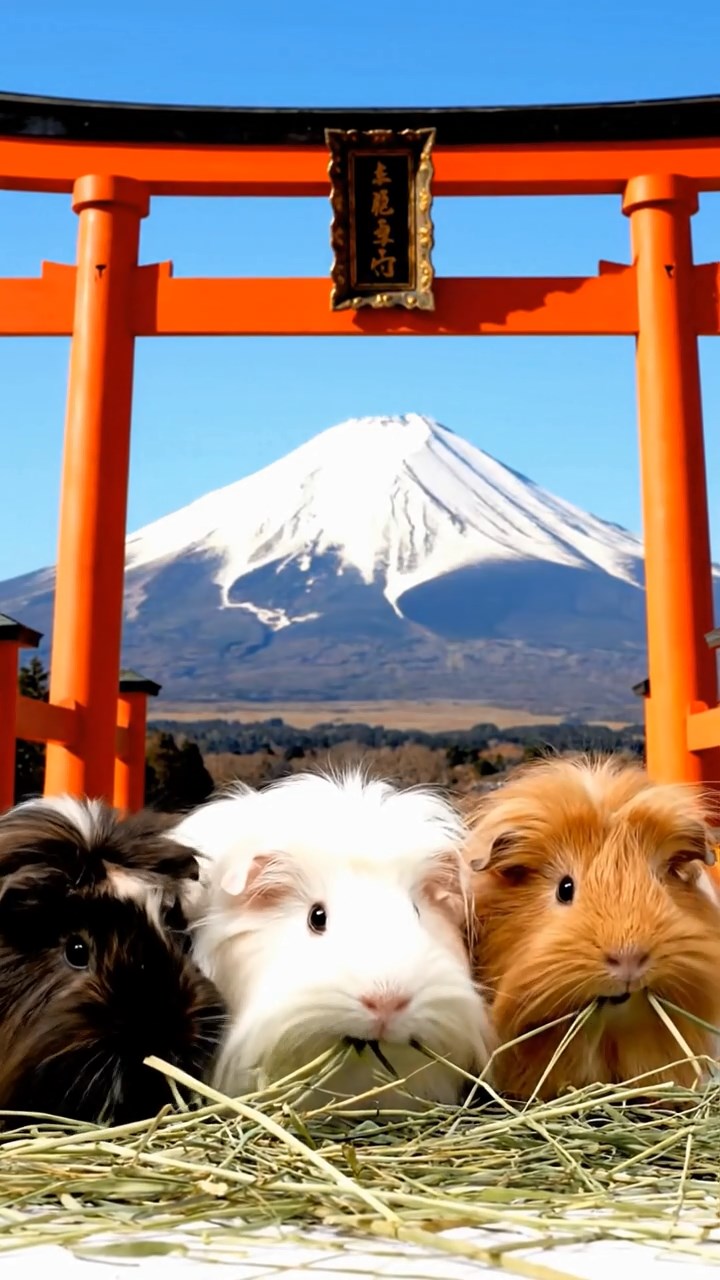 1294. Realistic depiction of 4 smooth-haired Silkie guinea pigs with sable, white, and orange fur, eating timothy hay, atop a sacred Mount Fuji torii gate with snow.