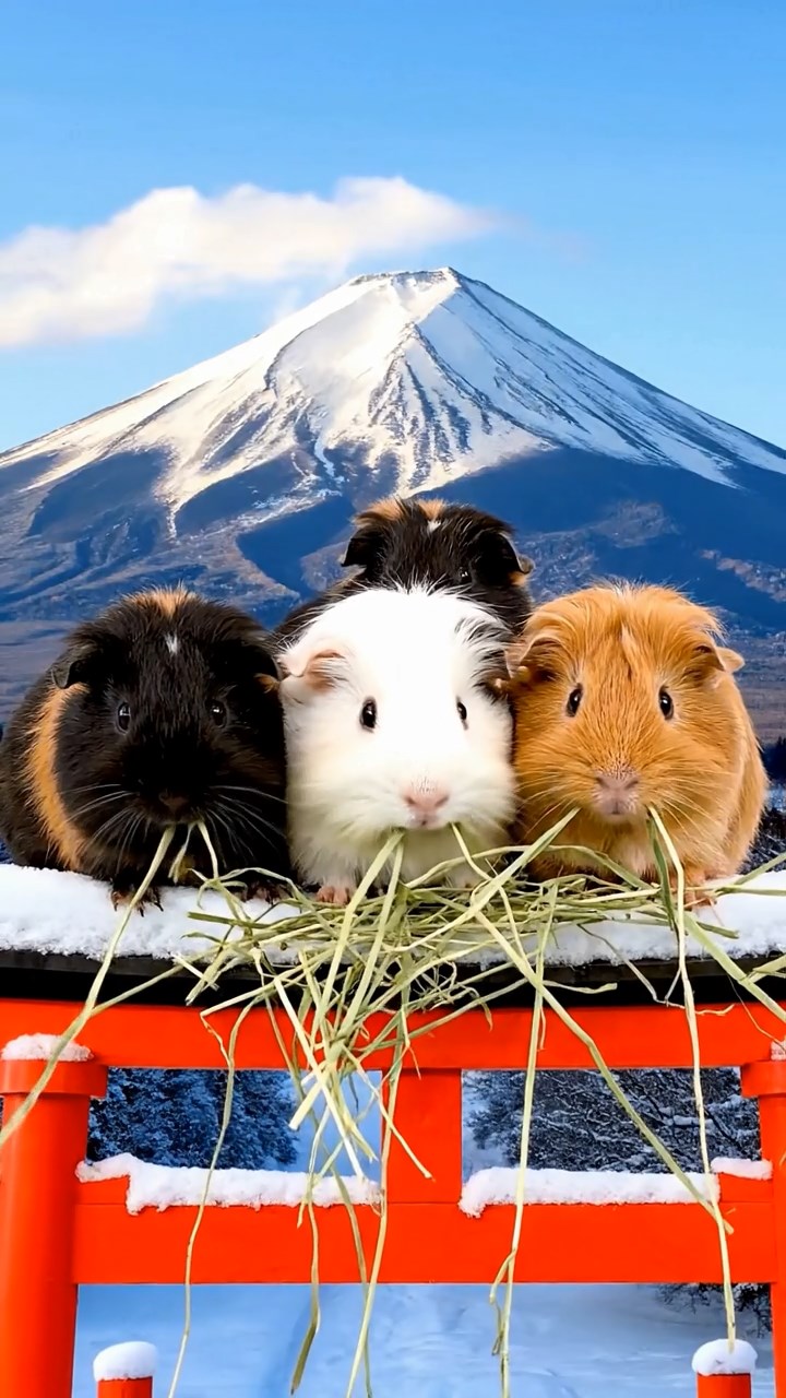 1294. Realistic depiction of 4 smooth-haired Silkie guinea pigs with sable, white, and orange fur, eating timothy hay, atop a sacred Mount Fuji torii gate with snow.
