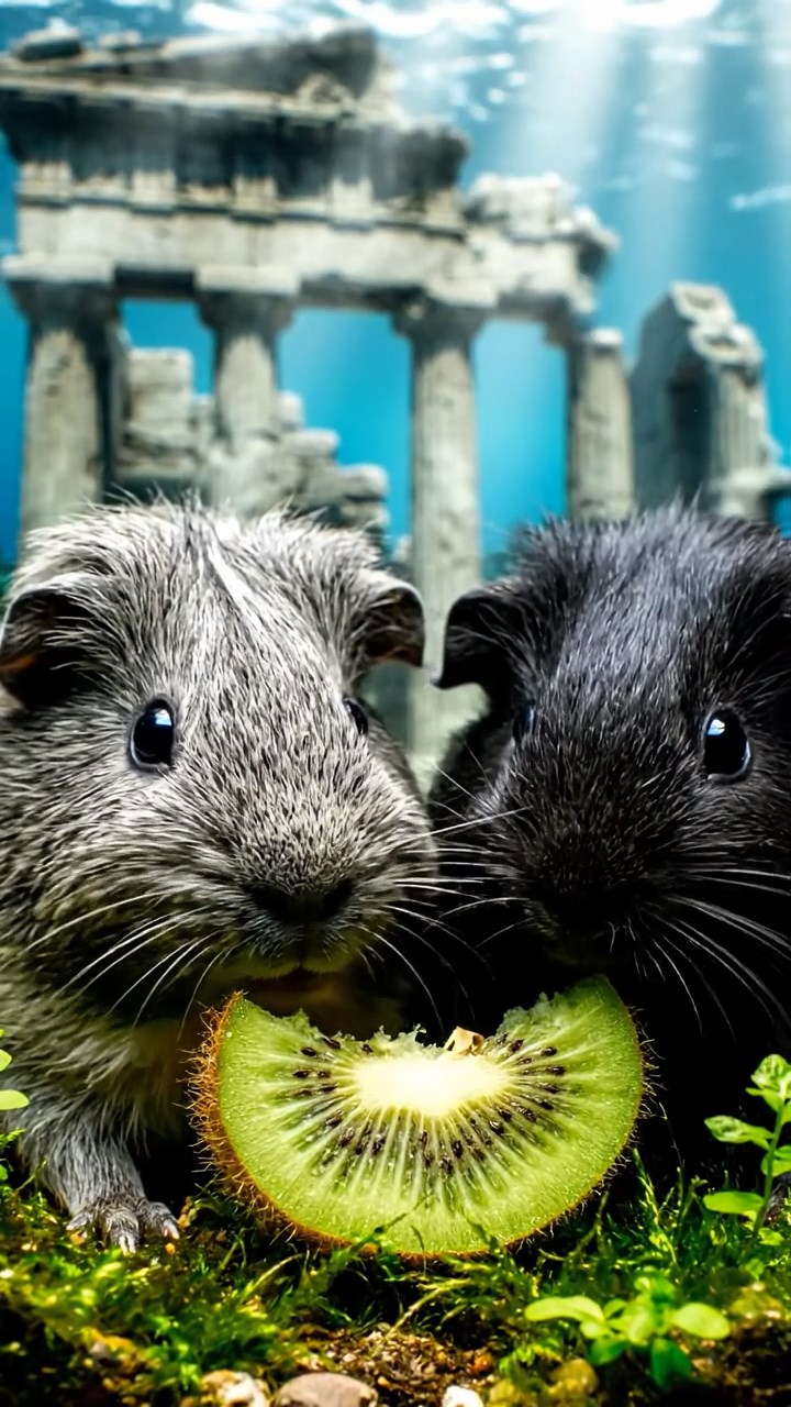 1295. Detailed photo of 2 smooth-haired Teddy guinea pigs in gray and black colors, nibbling on kiwi slices, in a sunken Greek temple ruin with marble columns underwater.