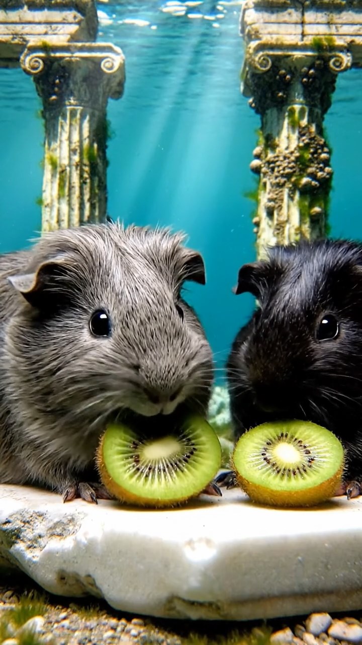 1295. Detailed photo of 2 smooth-haired Teddy guinea pigs in gray and black colors, nibbling on kiwi slices, in a sunken Greek temple ruin with marble columns underwater.
