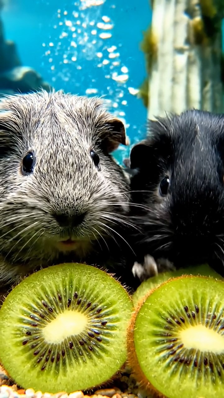 1295. Detailed photo of 2 smooth-haired Teddy guinea pigs in gray and black colors, nibbling on kiwi slices, in a sunken Greek temple ruin with marble columns underwater.
