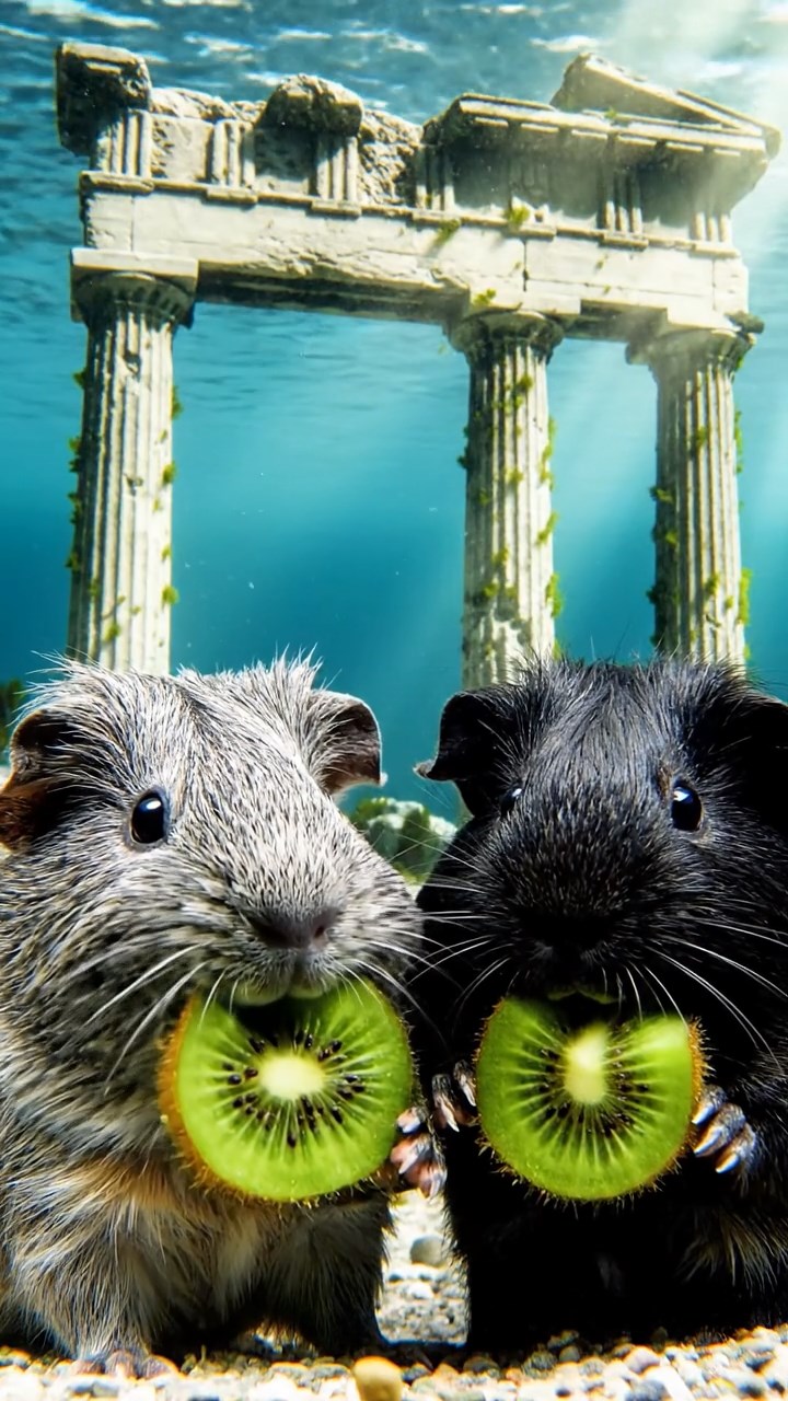 1295. Detailed photo of 2 smooth-haired Teddy guinea pigs in gray and black colors, nibbling on kiwi slices, in a sunken Greek temple ruin with marble columns underwater.