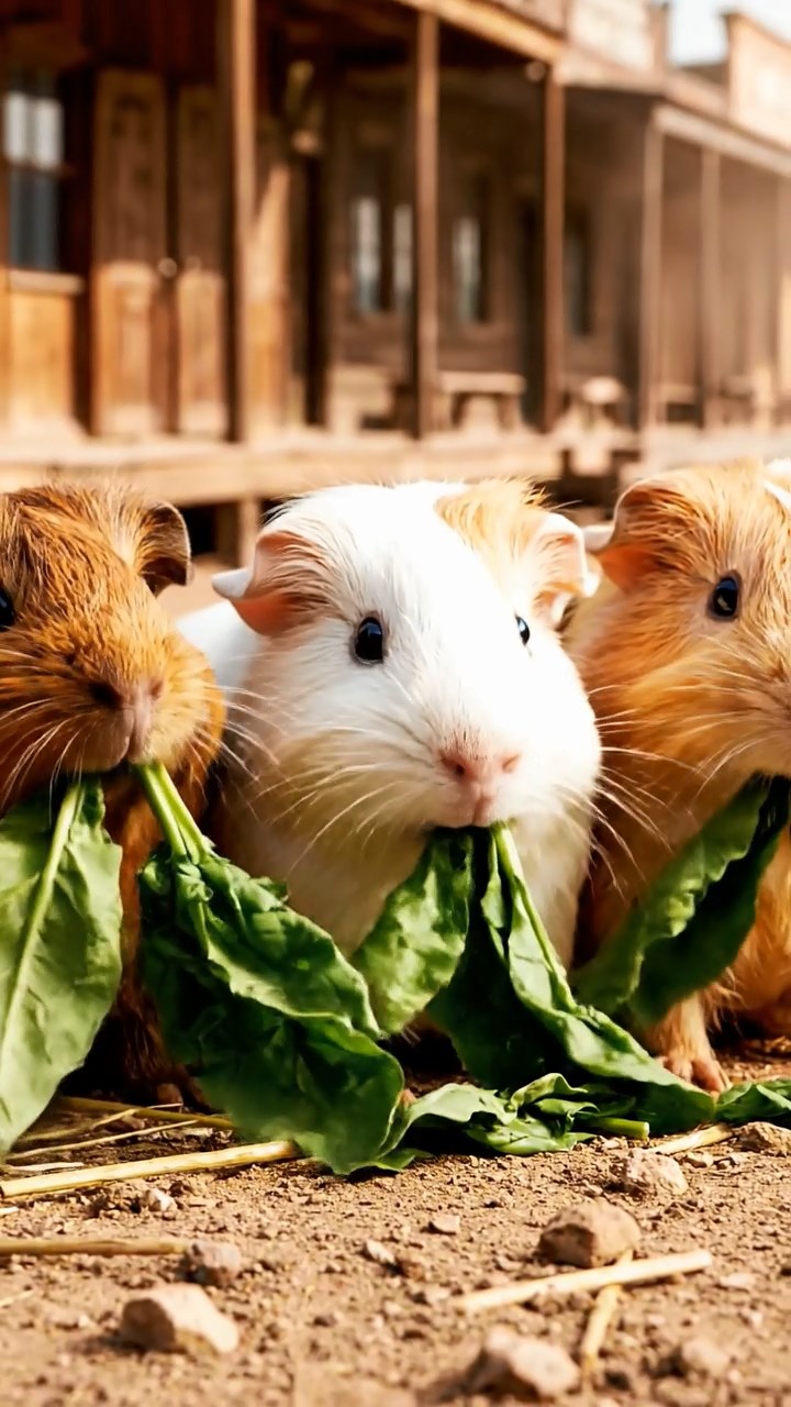 1296. Photorealistic image of 3 smooth-haired Texel guinea pigs with brown, cream, and fawn fur, chewing on spinach bunches, on a dusty Wild West main street with saloons.