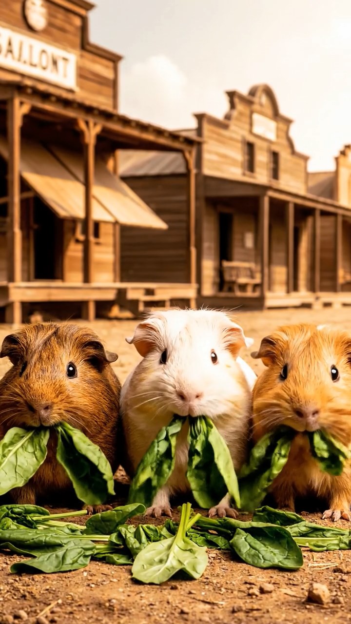 1296. Photorealistic image of 3 smooth-haired Texel guinea pigs with brown, cream, and fawn fur, chewing on spinach bunches, on a dusty Wild West main street with saloons.