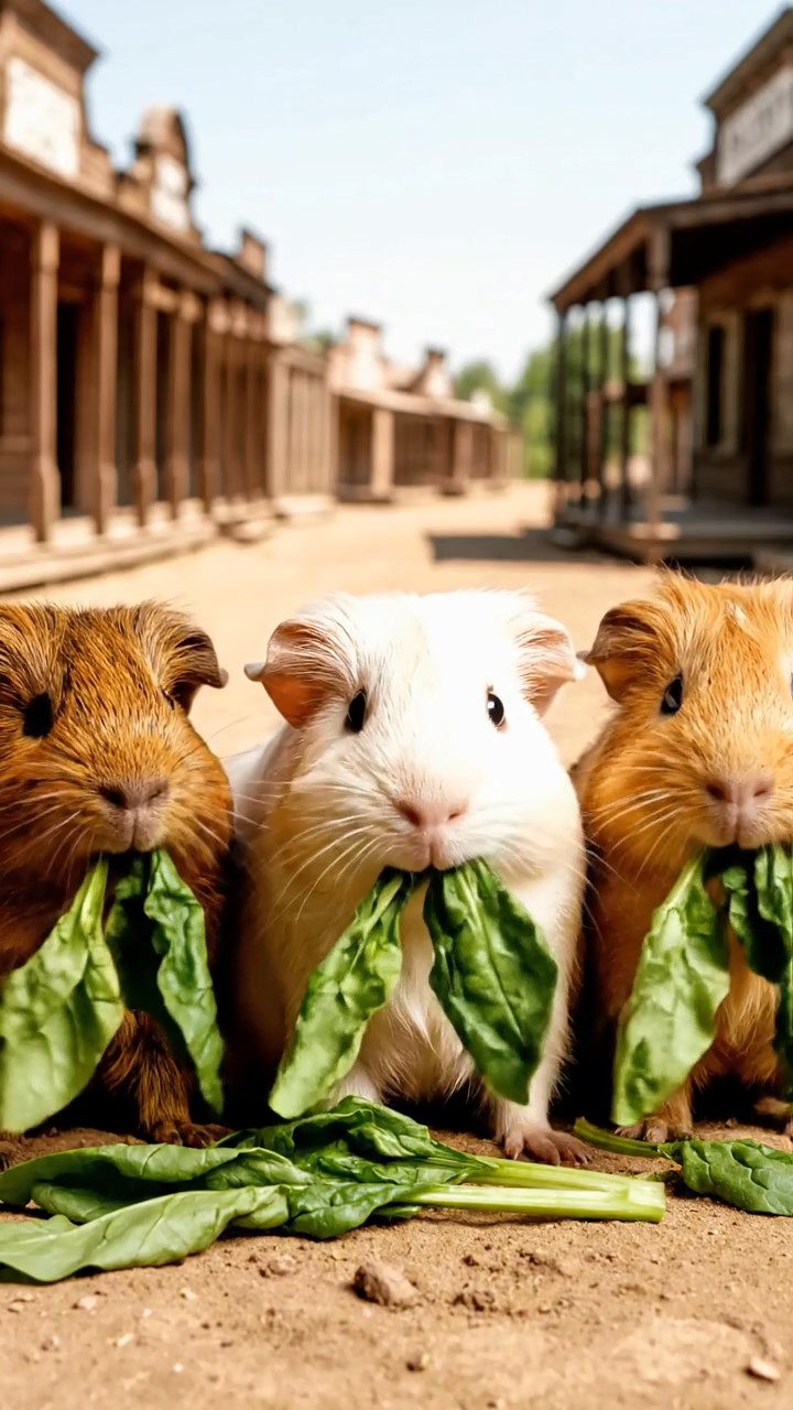 1296. Photorealistic image of 3 smooth-haired Texel guinea pigs with brown, cream, and fawn fur, chewing on spinach bunches, on a dusty Wild West main street with saloons.