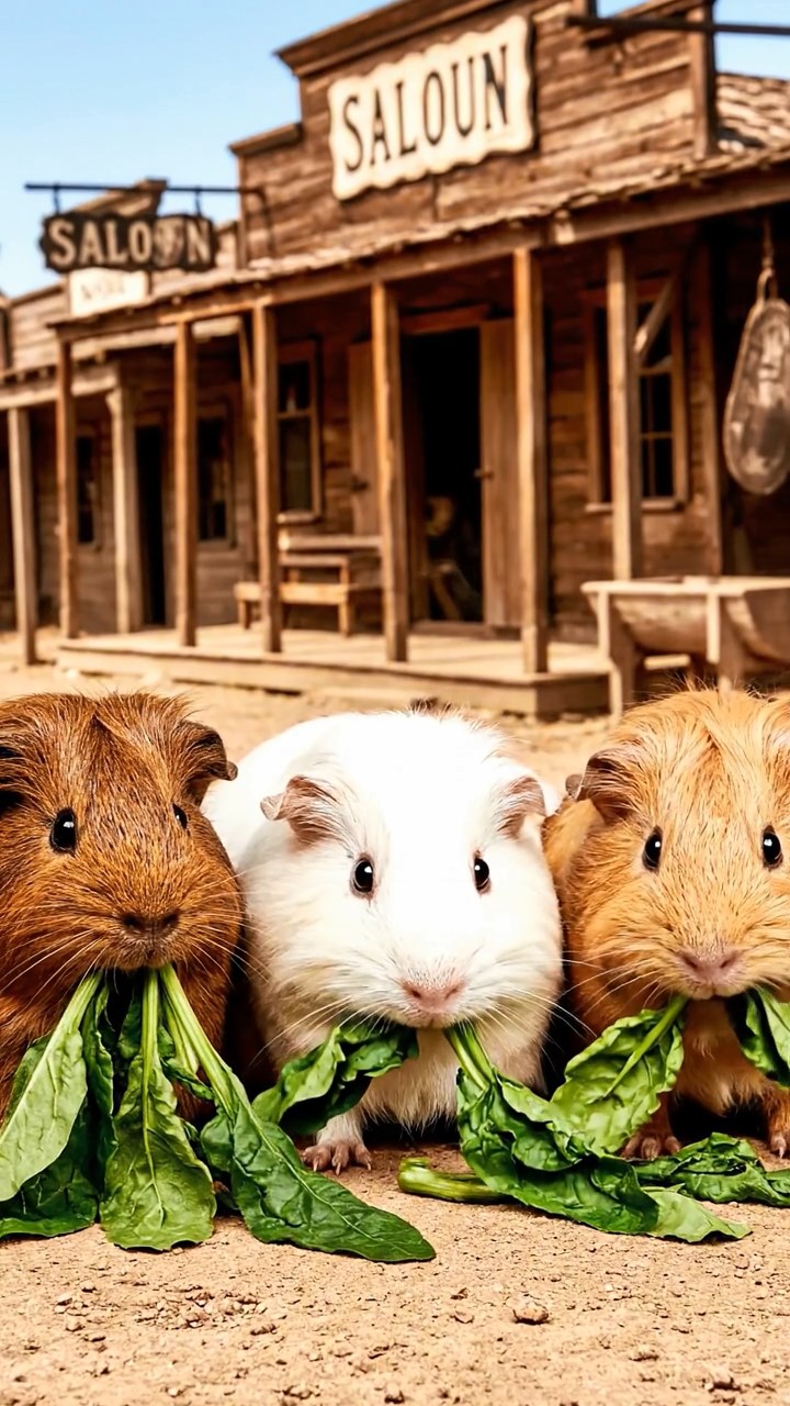 1296. Photorealistic image of 3 smooth-haired Texel guinea pigs with brown, cream, and fawn fur, chewing on spinach bunches, on a dusty Wild West main street with saloons.