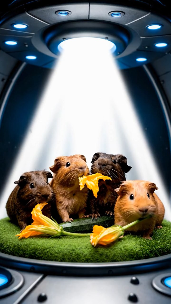 1297. Realistic scene of 5 smooth-haired Rex guinea pigs featuring chocolate, cinnamon, and sable coats, sharing zucchini flowers, inside a extraterrestrial UFO abduction beam.