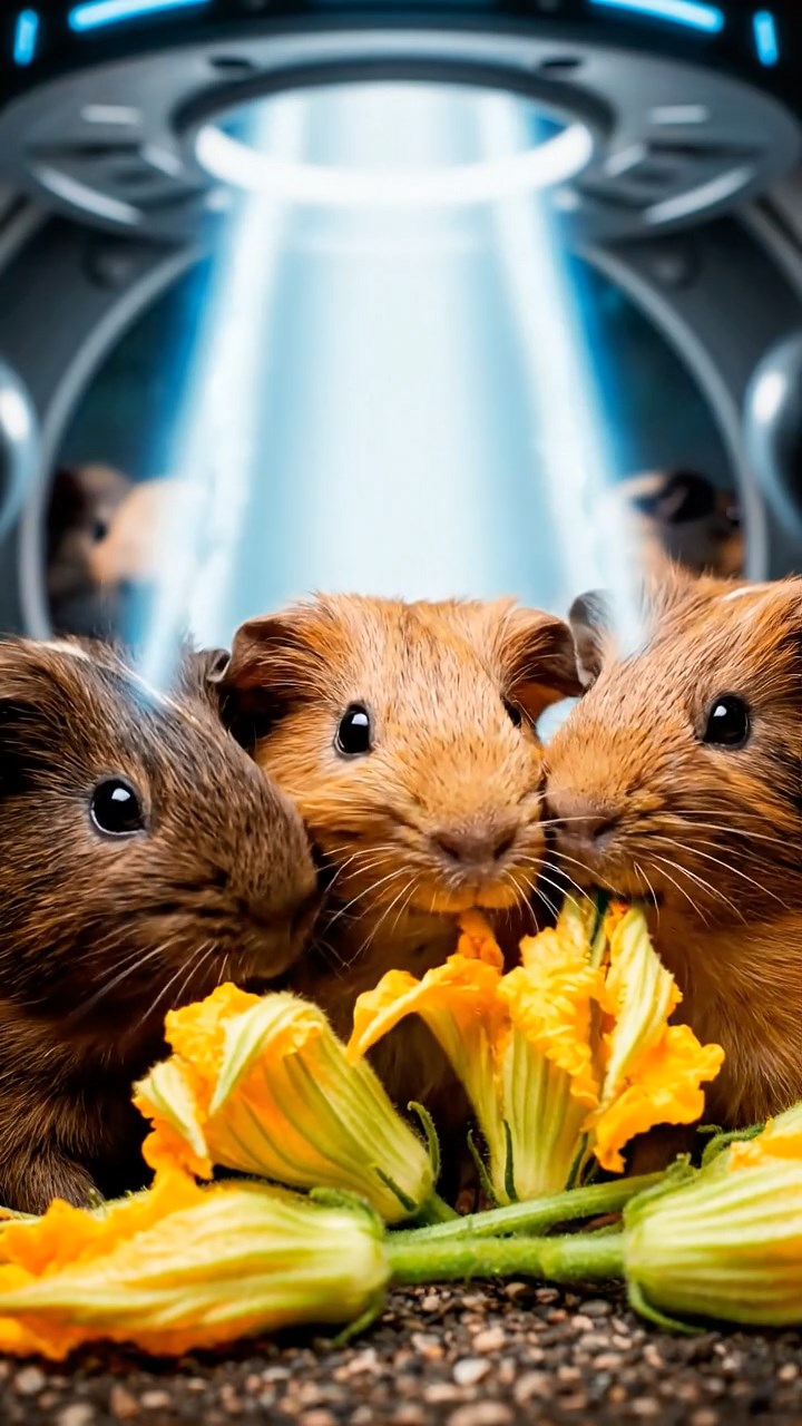 1297. Realistic scene of 5 smooth-haired Rex guinea pigs featuring chocolate, cinnamon, and sable coats, sharing zucchini flowers, inside a extraterrestrial UFO abduction beam.