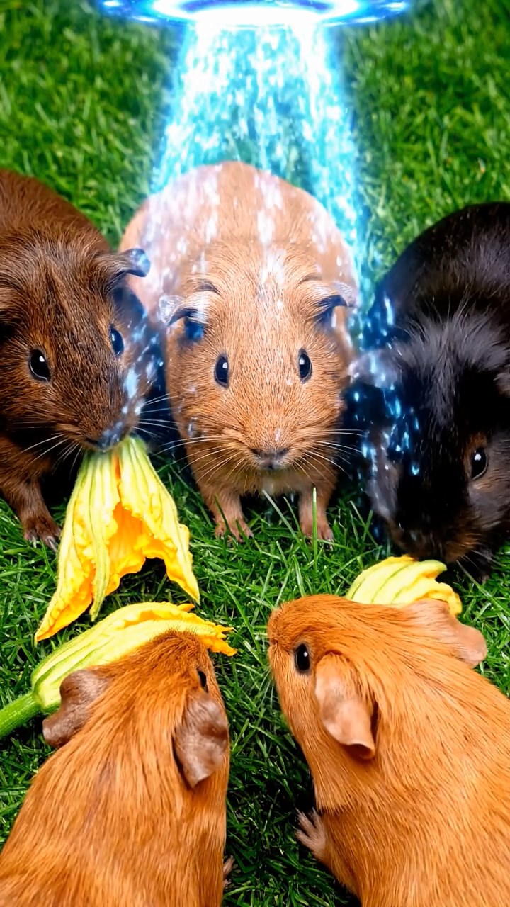 1297. Realistic scene of 5 smooth-haired Rex guinea pigs featuring chocolate, cinnamon, and sable coats, sharing zucchini flowers, inside a extraterrestrial UFO abduction beam.