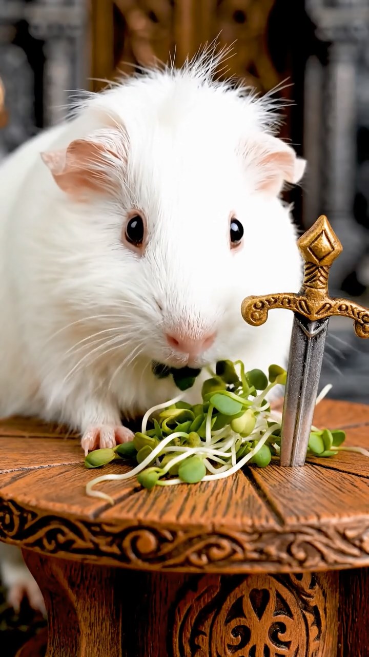 1298. Highly detailed view of 1 smooth-haired Coronet guinea pig with white fur, munching on alfalfa sprouts, around King Arthur's round table with Excalibur embedded.