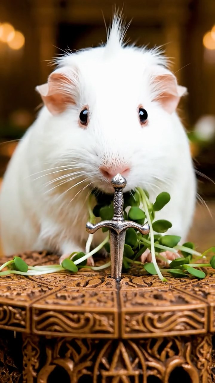1298. Highly detailed view of 1 smooth-haired Coronet guinea pig with white fur, munching on alfalfa sprouts, around King Arthur's round table with Excalibur embedded.