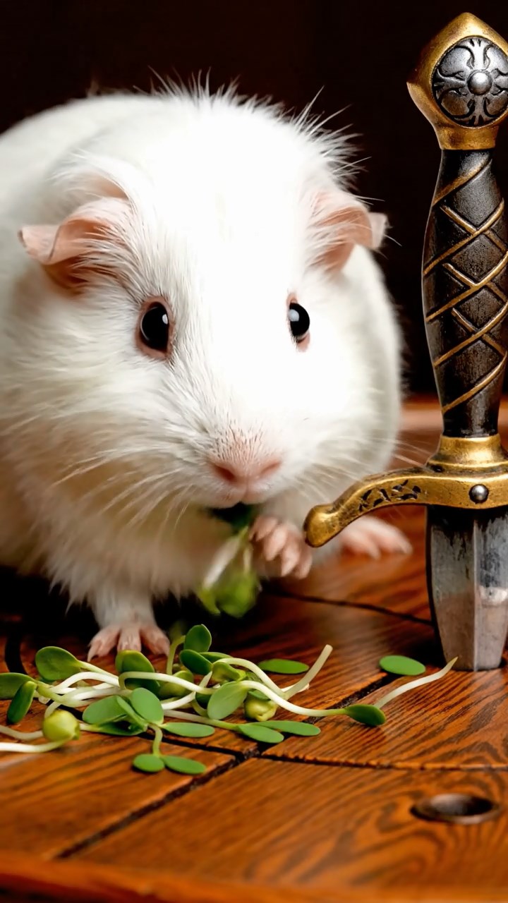 1298. Highly detailed view of 1 smooth-haired Coronet guinea pig with white fur, munching on alfalfa sprouts, around King Arthur's round table with Excalibur embedded.