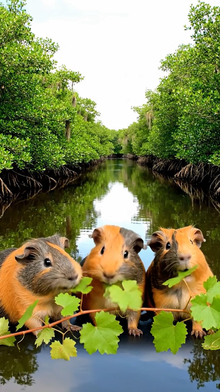 1299. Photorealistic photo of 4 smooth-haired White Crested guinea pigs with orange, gray, and black fur, eating grape vines, in a Florida Everglades swamp boat trail with mangroves.