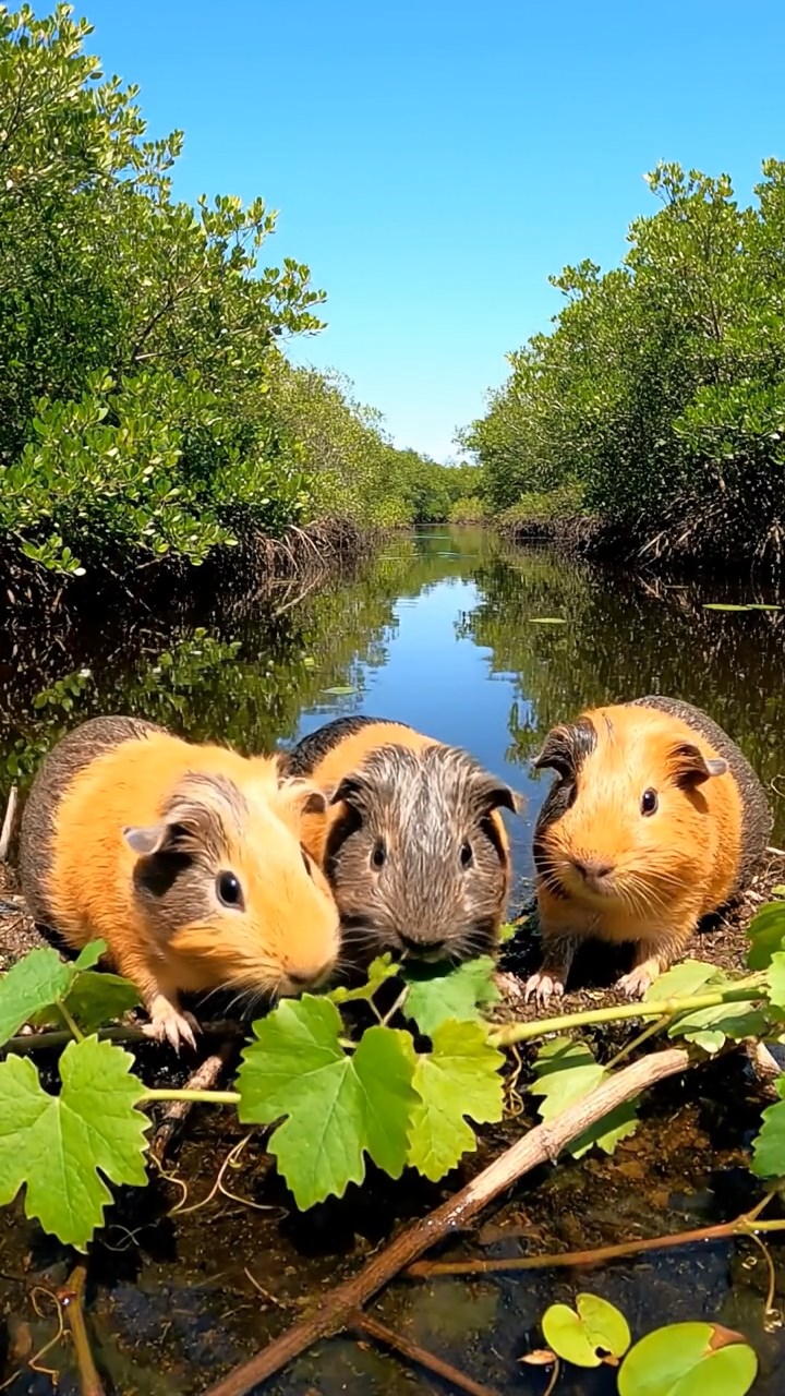 1299. Photorealistic photo of 4 smooth-haired White Crested guinea pigs with orange, gray, and black fur, eating grape vines, in a Florida Everglades swamp boat trail with mangroves.