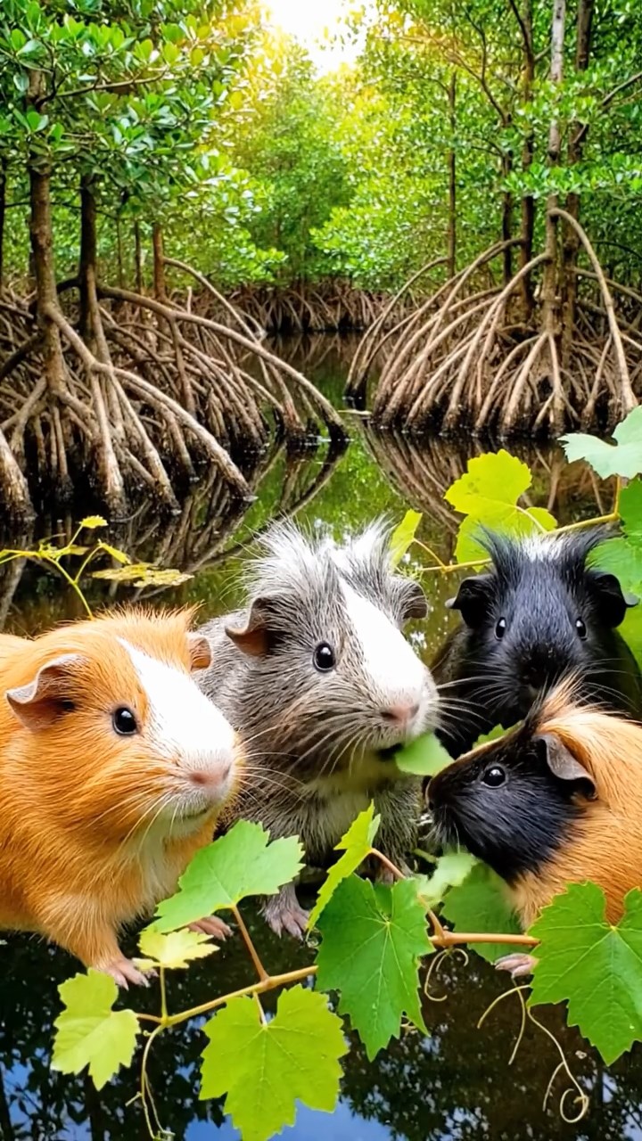 1299. Photorealistic photo of 4 smooth-haired White Crested guinea pigs with orange, gray, and black fur, eating grape vines, in a Florida Everglades swamp boat trail with mangroves.