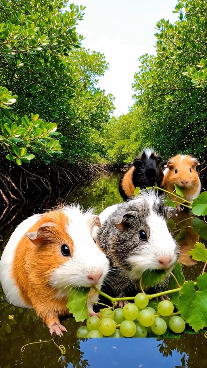 1299. Photorealistic photo of 4 smooth-haired White Crested guinea pigs with orange, gray, and black fur, eating grape vines, in a Florida Everglades swamp boat trail with mangroves.