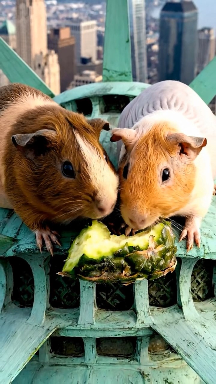 1300. Realistic depiction of 2 smooth-haired Skinny guinea pigs in brown and cream colors, nibbling on pineapple leaves, atop the Statue of Liberty crown with New York skyline.