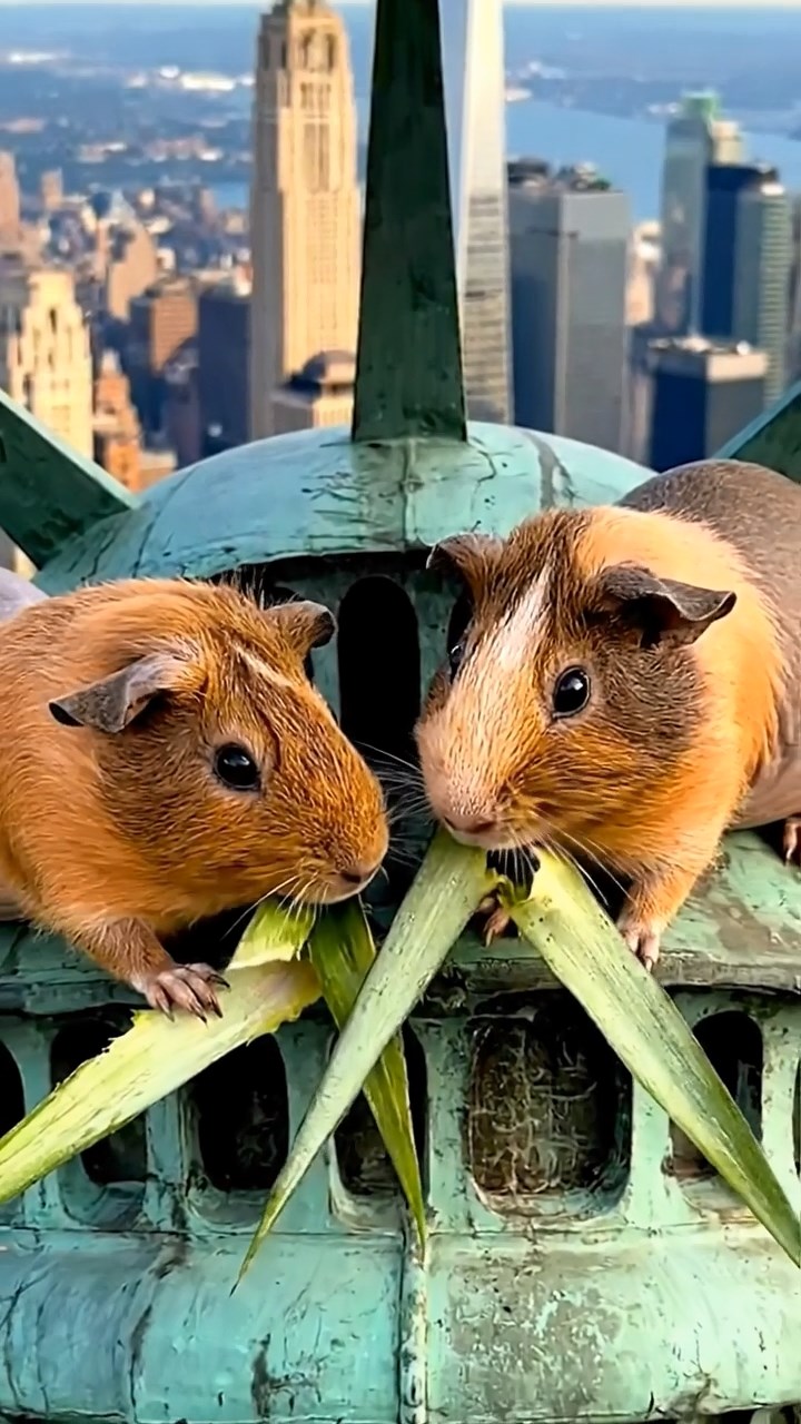 1300. Realistic depiction of 2 smooth-haired Skinny guinea pigs in brown and cream colors, nibbling on pineapple leaves, atop the Statue of Liberty crown with New York skyline.