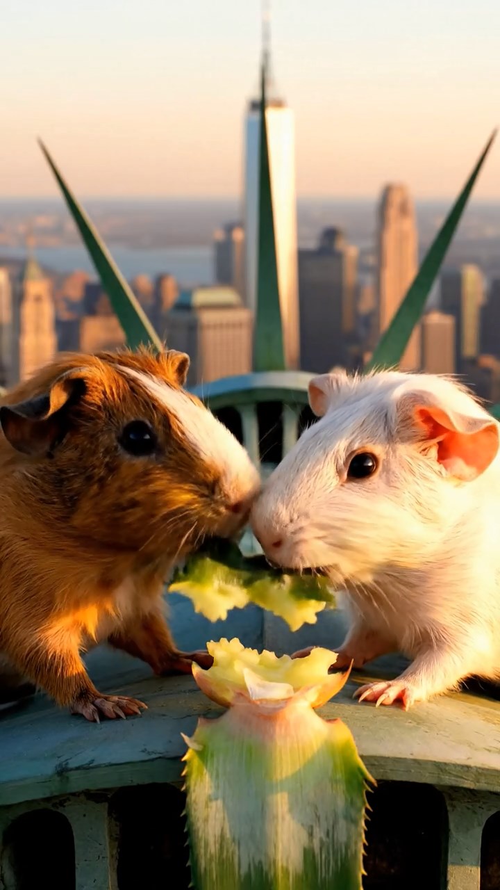 1300. Realistic depiction of 2 smooth-haired Skinny guinea pigs in brown and cream colors, nibbling on pineapple leaves, atop the Statue of Liberty crown with New York skyline.