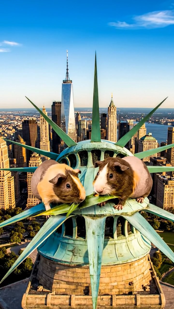 1300. Realistic depiction of 2 smooth-haired Skinny guinea pigs in brown and cream colors, nibbling on pineapple leaves, atop the Statue of Liberty crown with New York skyline.