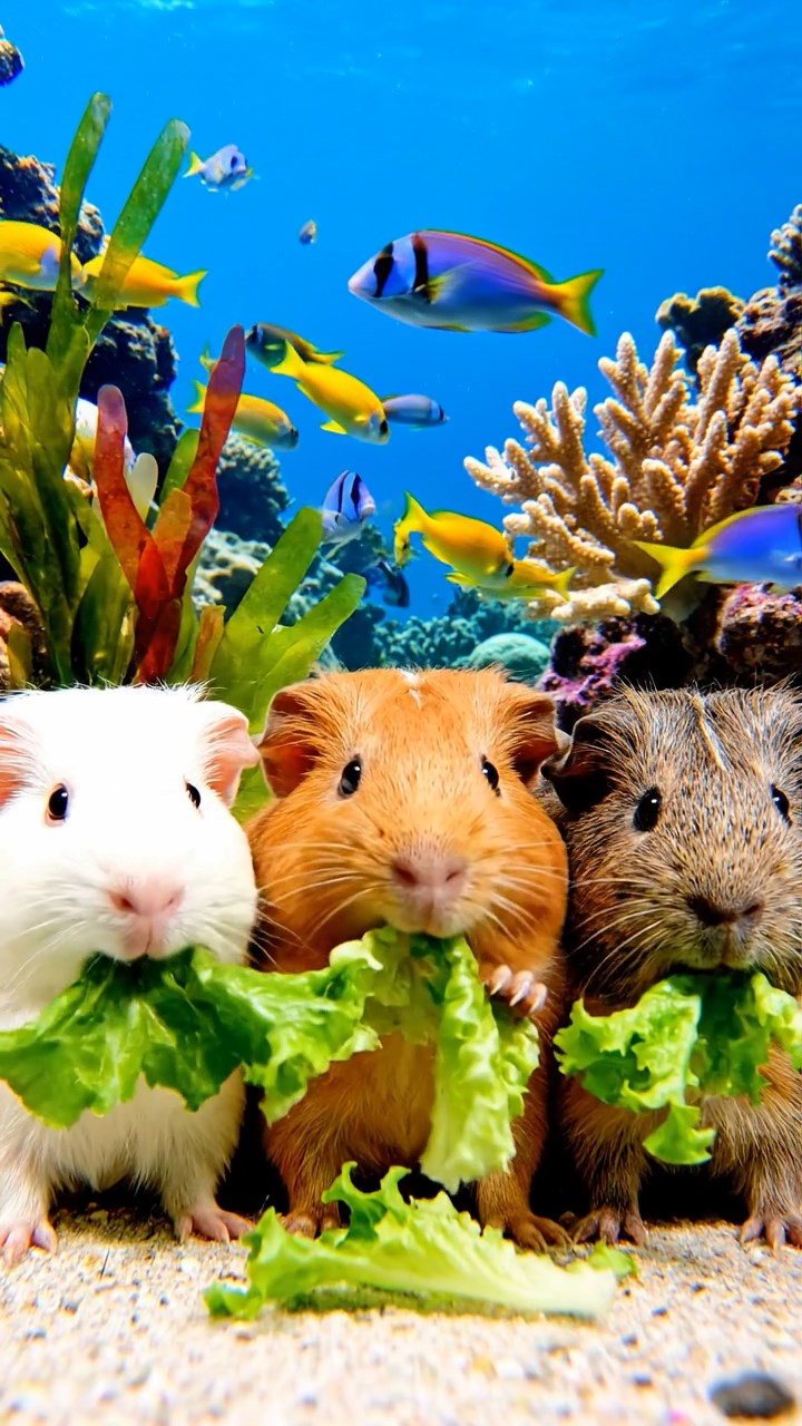 1301. A realistic close-up photo of 3 smooth-haired American guinea pigs with white, orange, and gray fur, eagerly munching on fresh lettuce leaves, in a vibrant coral reef sanctuary with schools of tropical fish and swaying seaweed under clear blue water.