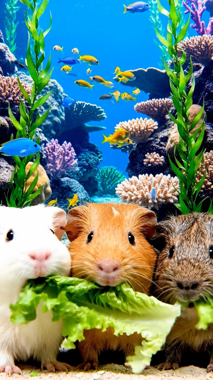1301. A realistic close-up photo of 3 smooth-haired American guinea pigs with white, orange, and gray fur, eagerly munching on fresh lettuce leaves, in a vibrant coral reef sanctuary with schools of tropical fish and swaying seaweed under clear blue water.